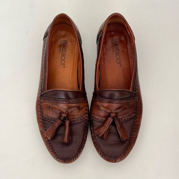 Brass Boot Tassel Leather Loafer Mens 8 W 2-Tone Brown Shoes Moccasins Moc Spain